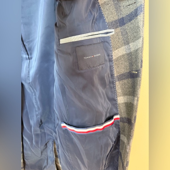 Tommy Hilfiger Men’s Plaid Addison Overcoat grey & navy wool blend Siz 44L tall - Picture 7 of 15